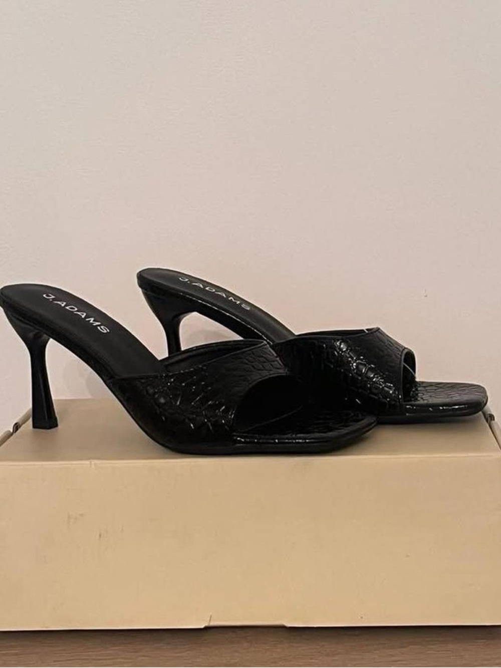 J.Adams Black Croc-Embossed Open-Toe Mule Heels